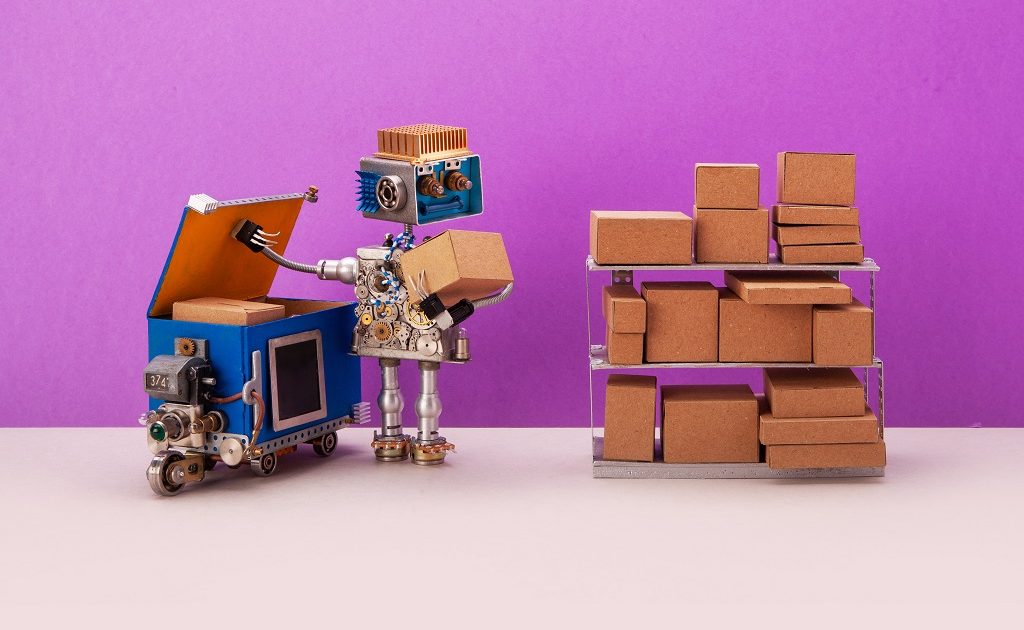 Robot storekeeper uploads craft box parcels into an autonomous delivery robotics courier truck. Automation service of warehousing shipment and distribution concept. Purple gray background