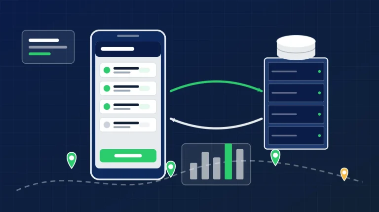 Sipariş listesi açık akıllı telefon ile ERP sunucusu arasında çift yönlü senkronizasyon okları, rota ve konum işaretleri