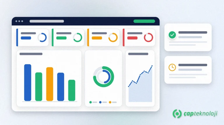 Power BI dashboard: satış ve operasyon KPI kartları ile çubuk, halka ve trend grafikleri