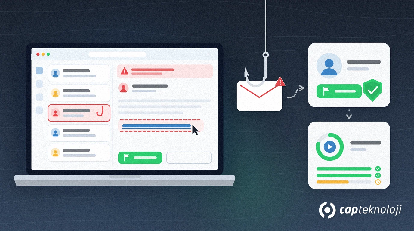 Phishing-Simulation für KMU: verdächtige E-Mail im Posteingang, Melden-Button und Fortschritt des Awareness-Trainings