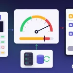 Credit limit control: customer shop card with an open-balance ledger and an overdue row on the left, a credit-limit gauge with its needle in the red zone and a usage bar overshooting the limit in the middle, an ERP server and balance database below, and the rep's phone on the right with the new order on hold and a locked confirm button