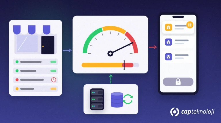 Credit limit control: customer shop card with an open-balance ledger and an overdue row on the left, a credit-limit gauge with its needle in the red zone and a usage bar overshooting the limit in the middle, an ERP server and balance database below, and the rep's phone on the right with the new order on hold and a locked confirm button