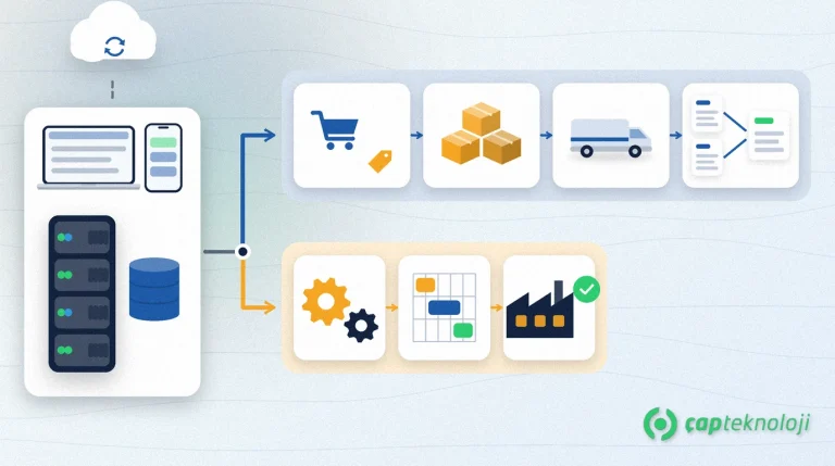 One shared server and cloud platform splits into two lanes: blue trade and distribution cards, amber production and MRP cards