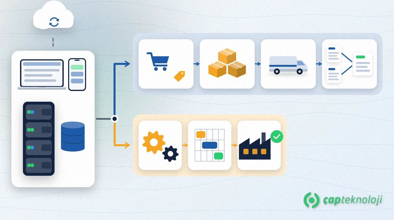 One shared server and cloud platform splits into two lanes: blue trade and distribution cards, amber production and MRP cards