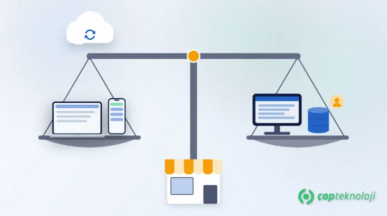 Logo İşbaşı oder Logo Start 3: Waage mit Cloud, Laptop und Handy links, Desktop, Datenbank und ein Nutzer rechts
