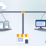 Logo İşbaşı vs Logo Start 3: scale with cloud, laptop and phone on one side, desktop, database and one user on the other