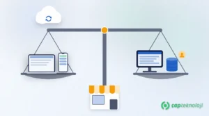 Logo İşbaşı vs Logo Start 3: scale with cloud, laptop and phone on one side, desktop, database and one user on the other