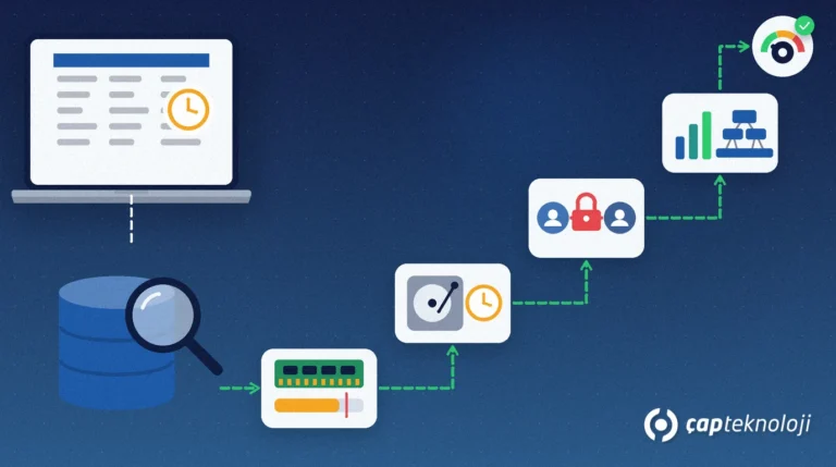 Logo veritabanı yavaşladı: saatli ERP ekranı, büyüteçli veritabanı, bellek, disk, kilit ve istatistik kartlı merdiven