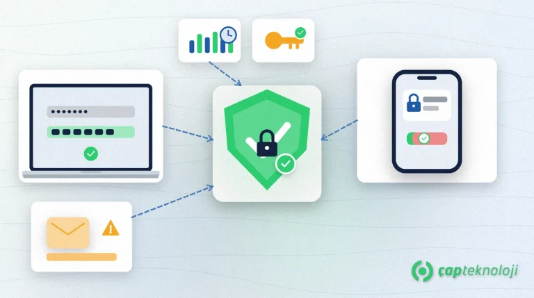 Multi-factor authentication: central locked-account shield; laptop with password+OTP left; phone push Approve right; authenticator and hardware-key tiles on top; SMS factor with amber warning bottom-left