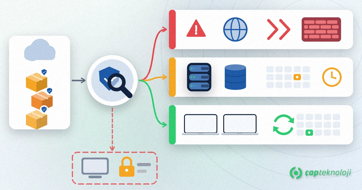Patch management prioritisation: incoming update packages are sorted at a shield-and-magnifier node into three lanes - red urgent with a warning triangle, internet globe and firewall, amber high with a server, database and maintenance calendar, green normal with laptops and a monthly cycle; below, an exception card with a legacy PC and padlock
