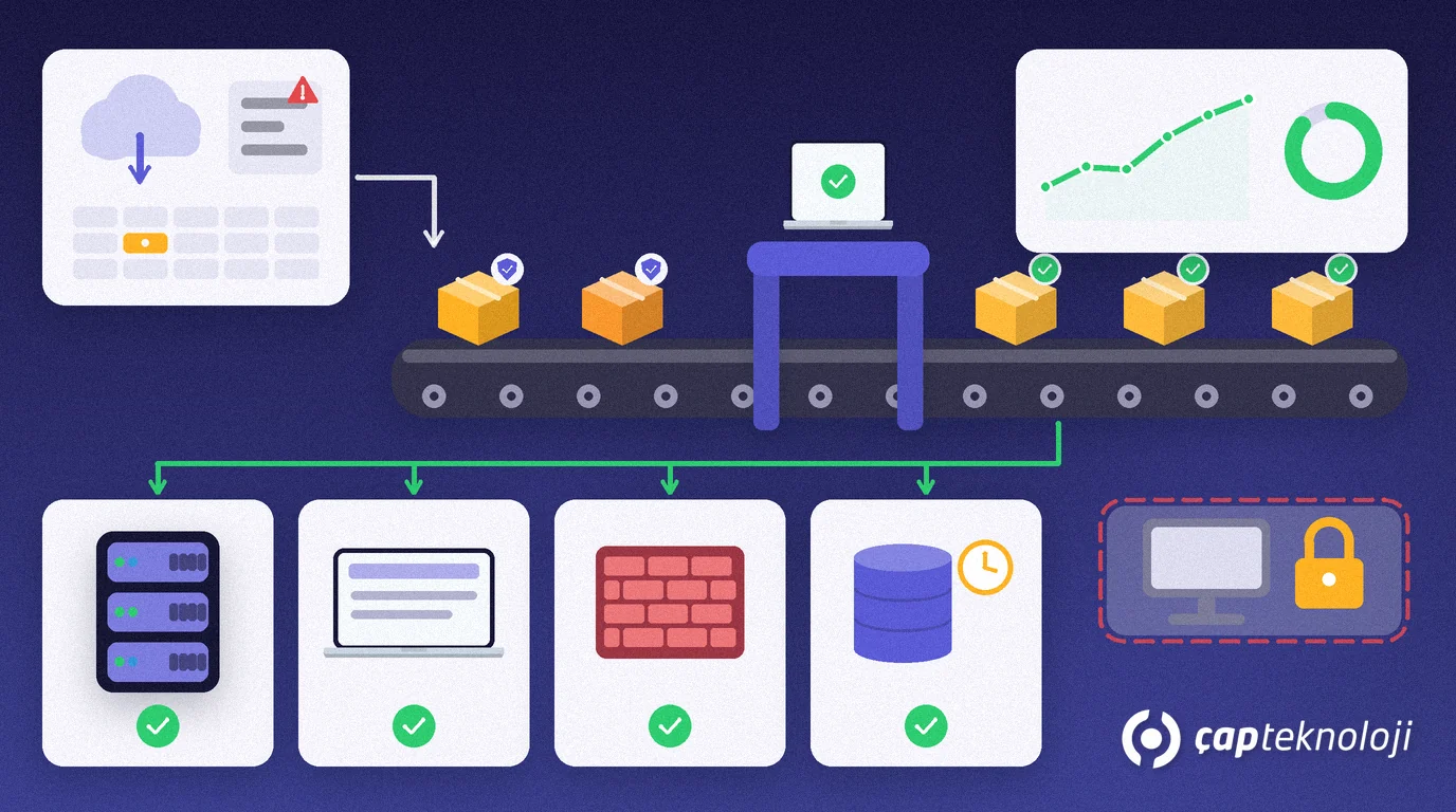 Patch management: update packages from a source card with a cloud, a vendor bulletin and a calendar ride a conveyor belt through a test gate and come out with green checks; a green distribution line delivers them to server, laptop, firewall and database cards; a compliance report card and an isolated legacy PC with a padlock on the right