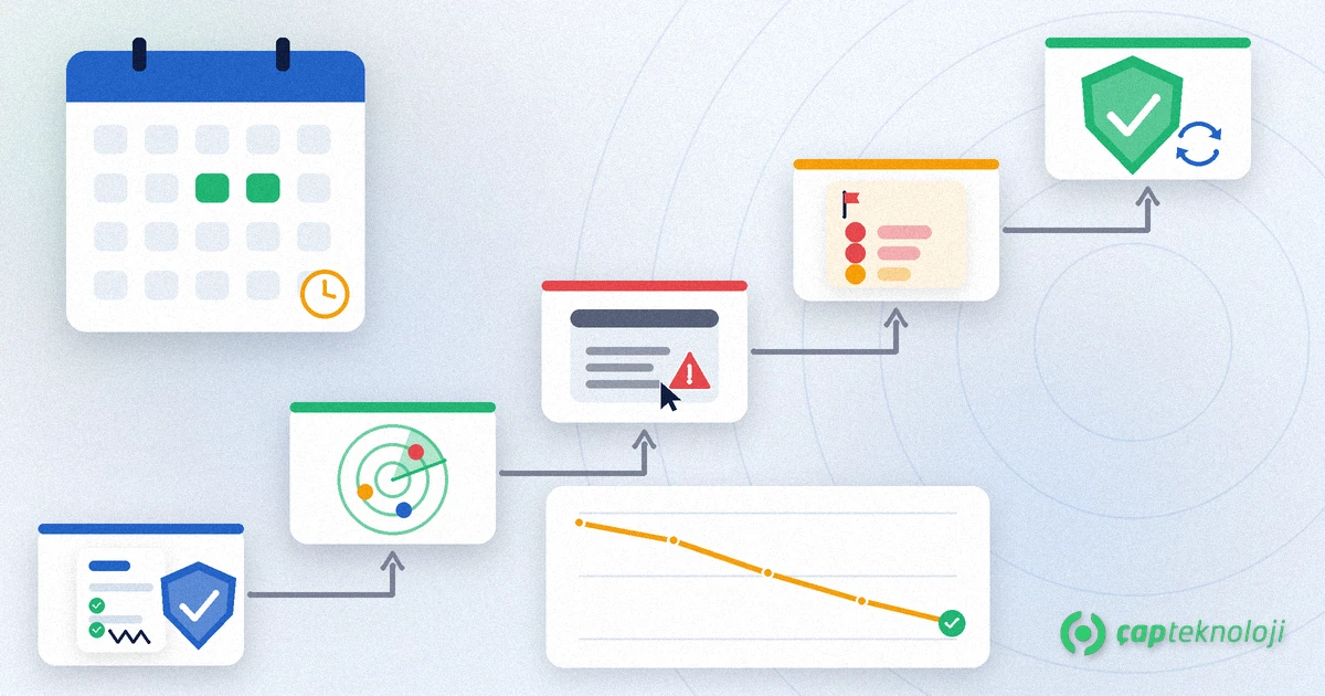 Penetration testing process as a staircase: scope and written authorisation, radar discovery, exploitation attempt on a web app, severity report, fix-and-retest shield; below, a falling open-findings chart and a test-window calendar