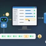 Robotik süreç otomasyonu: yazılım robotu e-posta, fatura ve tablo verisini alıp ekrandaki uygulama formuna giriyor, kayıtlar ERP veritabanına gidiyor, istisna kaydı bir çalışana devrediliyor