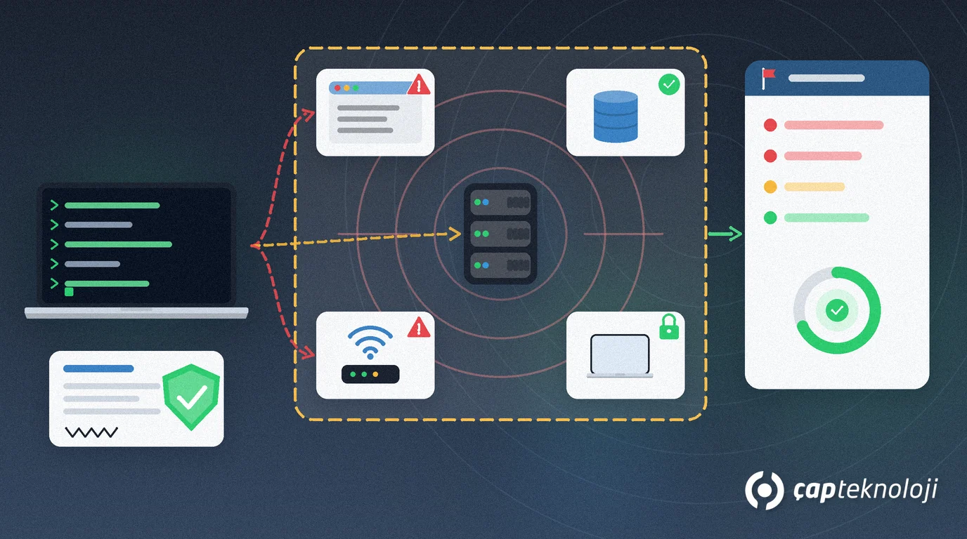 Sızma testi: test uzmanının dizüstü bilgisayarından kesikli kapsam çerçevesine giden test okları; çerçevede sunucu, web uygulaması, veritabanı, Wi-Fi modem ve çalışan dizüstü kartları, bulgularda uyarı üçgenleri ve sağda önem derecesi satırlı bulgu raporu