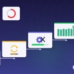SQL Server index maintenance: four stair steps left to right — fragmented uneven index bars with a warning, REORGANIZE sync arrows, REBUILD gear with a green progress bar, healthy even index bars with a green check; a fragmentation donut above