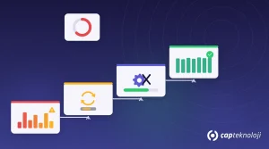 SQL Server index maintenance: four stair steps left to right — fragmented uneven index bars with a warning, REORGANIZE sync arrows, REBUILD gear with a green progress bar, healthy even index bars with a green check; a fragmentation donut above